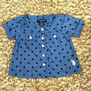 US Polo Assn. Polka Dot chambray shirt white buttons pink logo 3-6 month navy